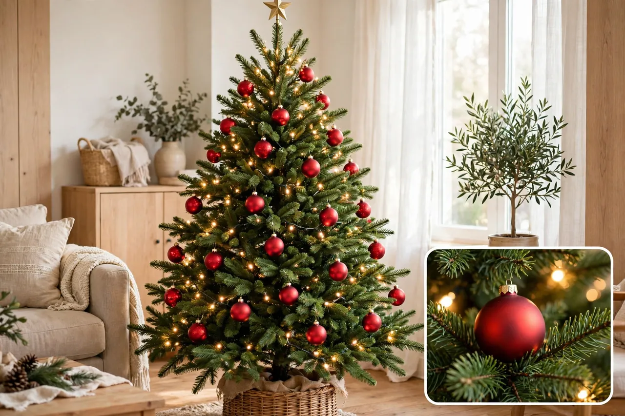 Balanced classic green and red Christmas tree with green branches clearly visible, one main warm red, even warm lights and a simple gold star topper