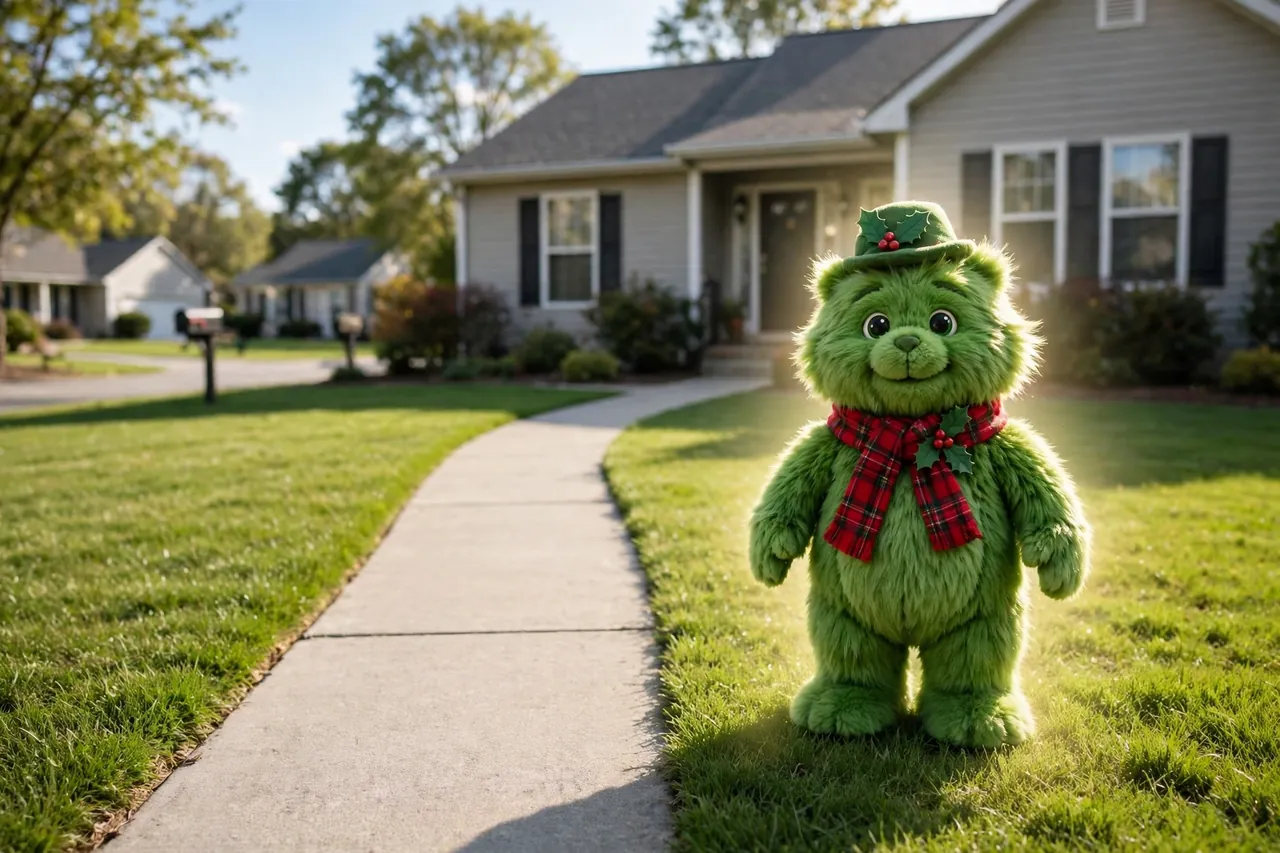 Medium green furry holiday figure standing beside a clear walkway on an open front lawn, sized in proportion to the house