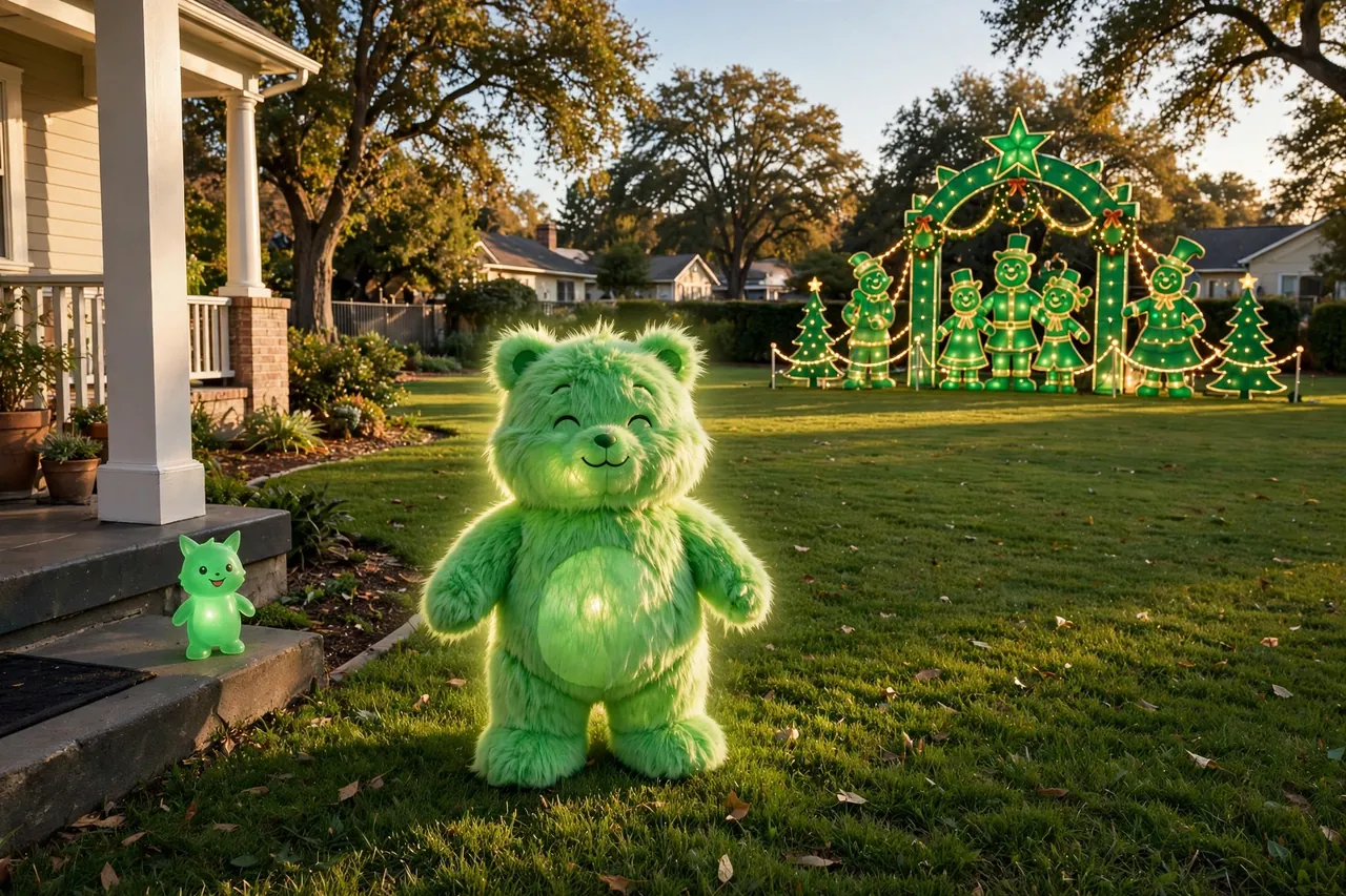 Front lawn showing the size range of green holiday decor: a tiny glowing figure on the porch steps, a medium furry inflatable in the middle of the lawn, and a large lighted multi-figure scene at the far end