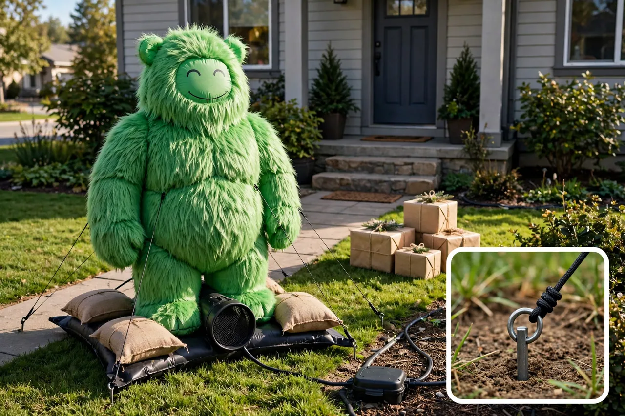 Green furry inflatable figure fully set up with snug tether lines, sandbags over the base corners, a covered cord join, and prop gift boxes, with a close-up inset of a tether line on a ground anchor