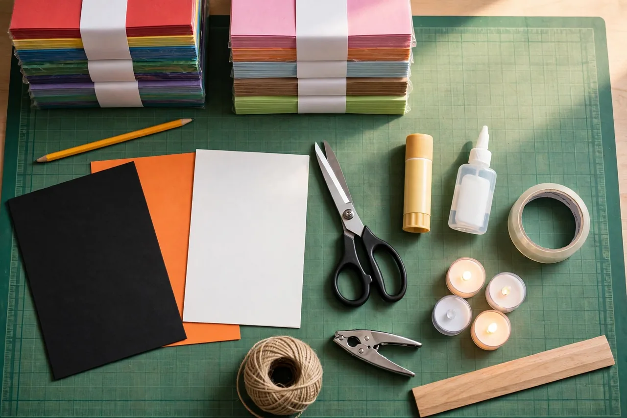 Overhead flat lay of a construction-paper craft kit on a cutting mat: paper packs, sheets in black orange and white, scissors, glue stick, craft glue, tape, pencil, ruler, hole punch, twine and battery tea lights