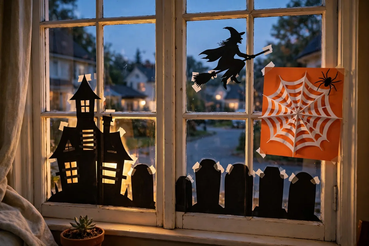 Window at dusk decorated with black construction-paper silhouettes of a haunted house, witch on a broom and tombstones, with a white fold-and-cut spider web on an orange backing sheet