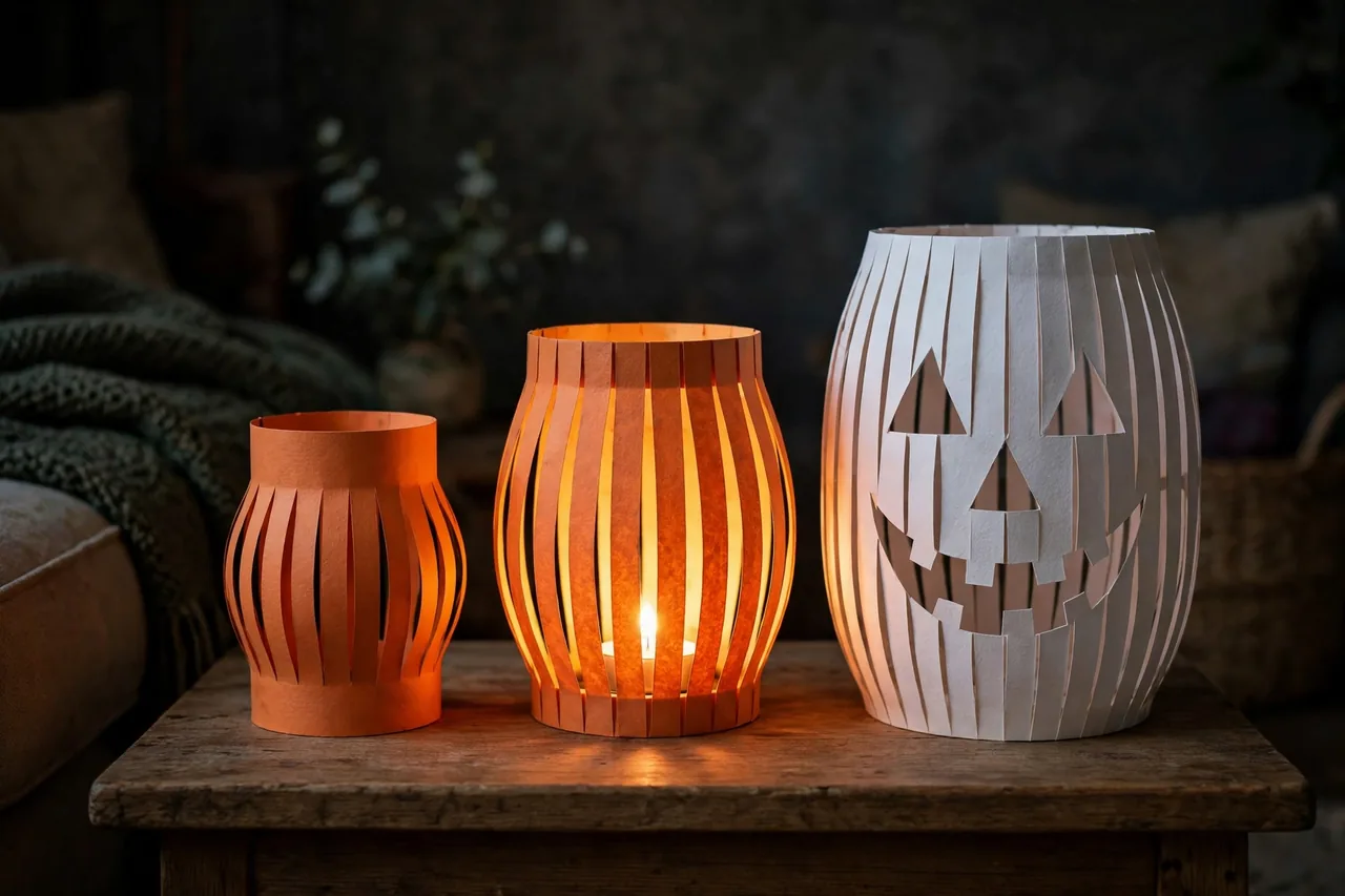 Three slit construction-paper lanterns in orange and white glowing on a table in a darkened room, one with a jack-o-lantern face cut out