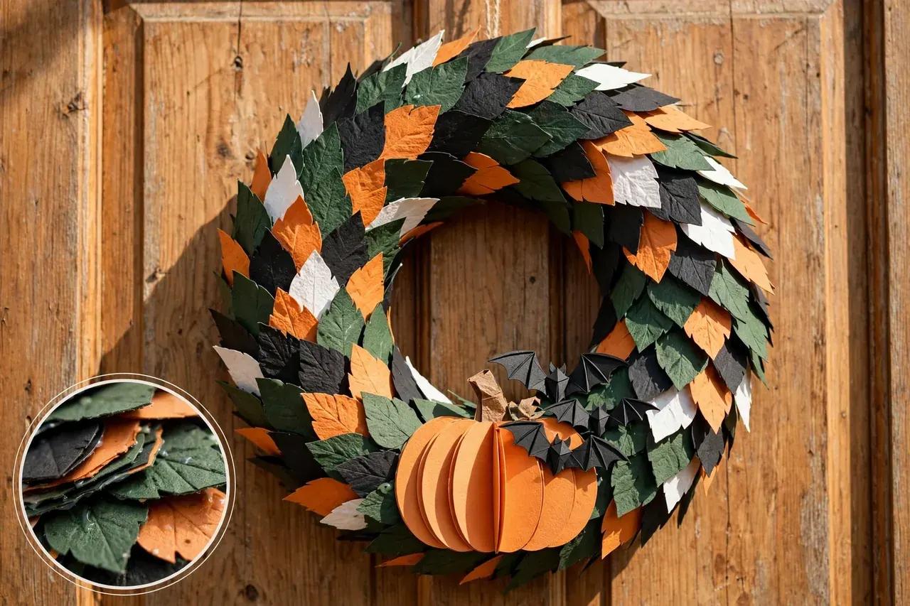 Layered construction-paper wreath on a wooden door with overlapping green orange black and white leaves and a paper pumpkin with bats at the bottom, with a magnified inset of the overlapped leaf layers