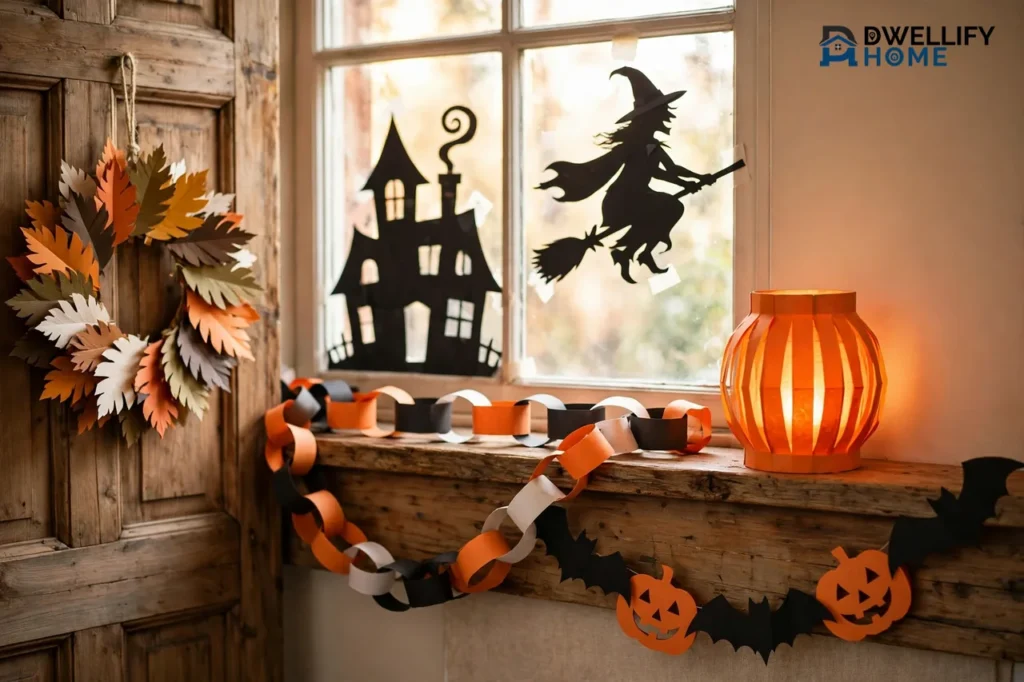 Colorful Halloween construction-paper crafts displayed in a cozy home: paper chain and pumpkin garlands on a mantel, glowing orange paper lantern, witch and haunted house silhouettes on a window, and a layered leaf wreath on the door