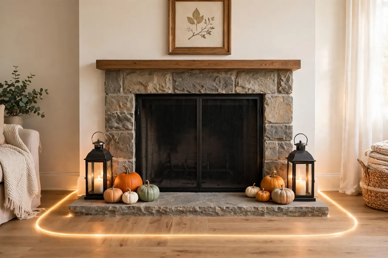 Working fireplace decorated only outside a glowing 3-foot safety zone, firebox empty with its screen in place