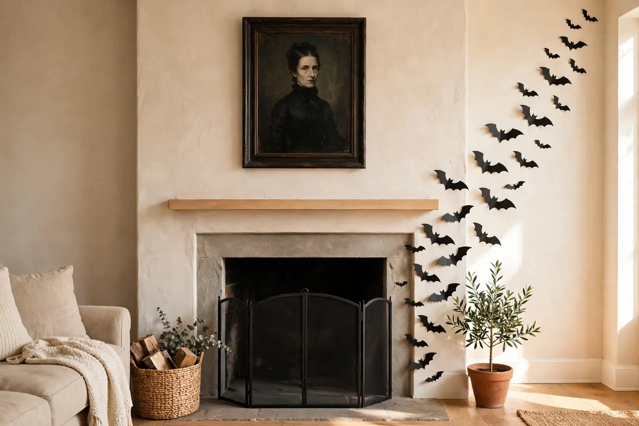 Chimney breast as Halloween backdrop with a haunted portrait and paper bat silhouettes climbing the wall