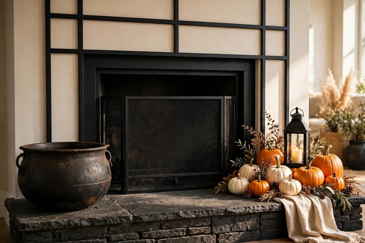Halloween hearth built from the floor up: wide cauldron, pumpkins and lantern, center working area kept clear