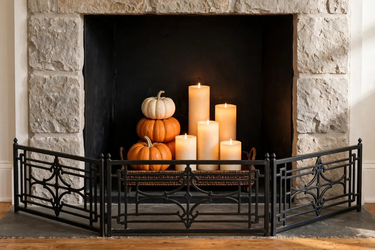 Battery-operated pillar candles and pumpkins arranged inside a non-working fireplace firebox