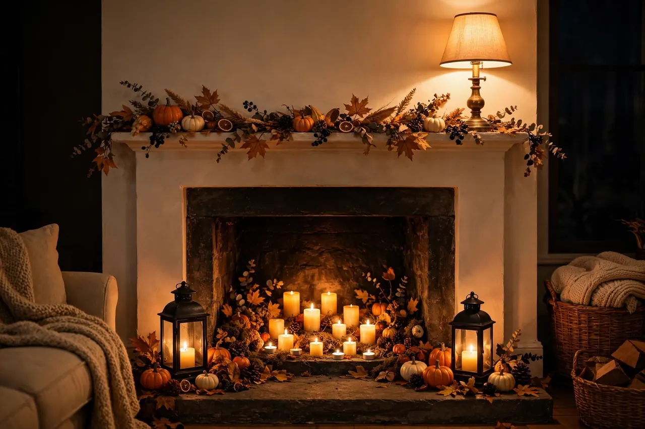 Layered amber glow on a Halloween fireplace: glowing firebox candles, hearth lanterns and amber wall wash