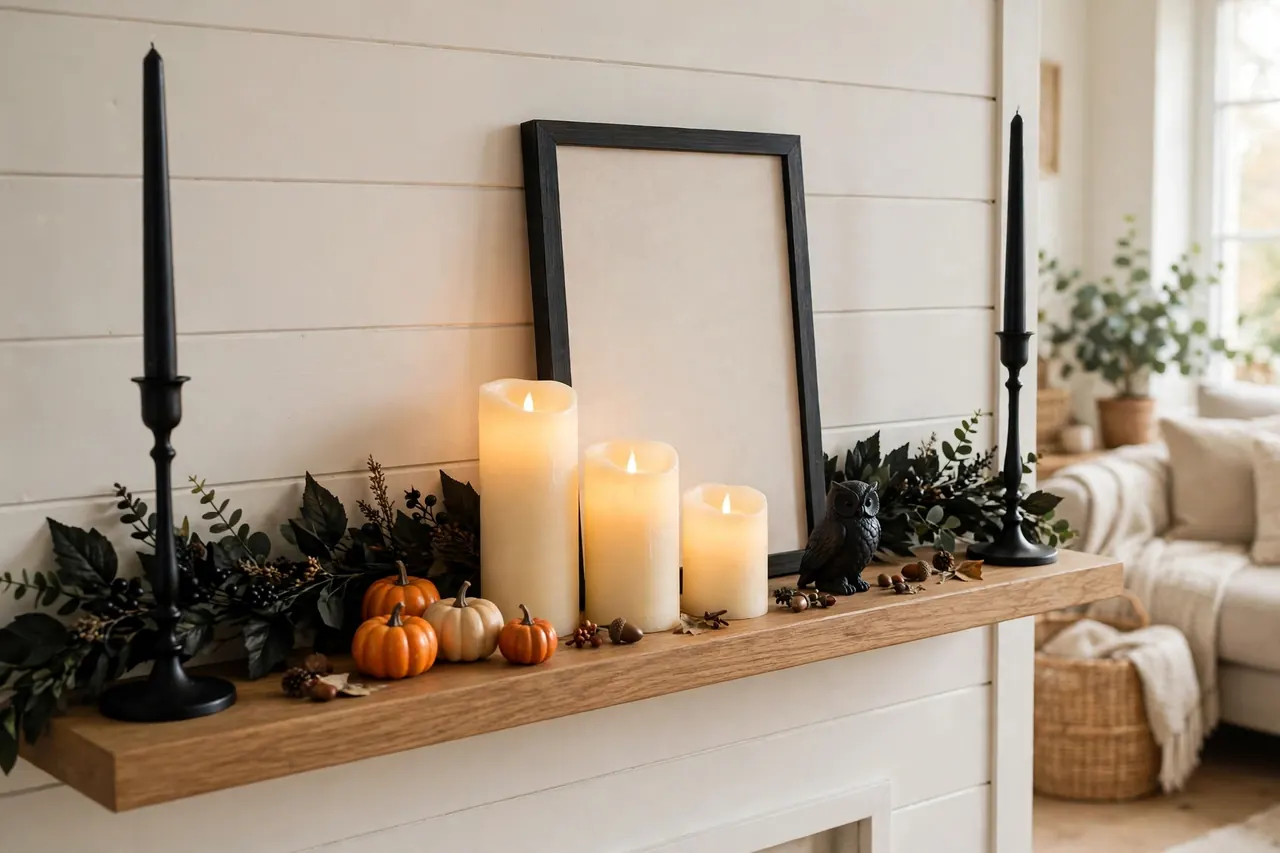 Mantel shelf showing the item types for Halloween mantel decor: dark garland, tall candlesticks, flameless candles, framed sign, mini pumpkins and a small owl