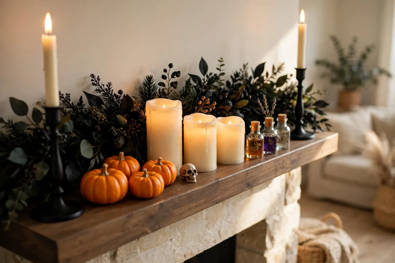 Halloween mantel styled in back-to-front depth layers: garland, tall taper candles, flameless pillars, pumpkins, skull and potion bottles