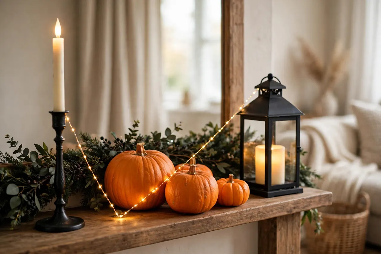 Halloween mantel balanced in a high-low-high triangle: tall candlestick, pumpkins and lantern traced by warm string lights