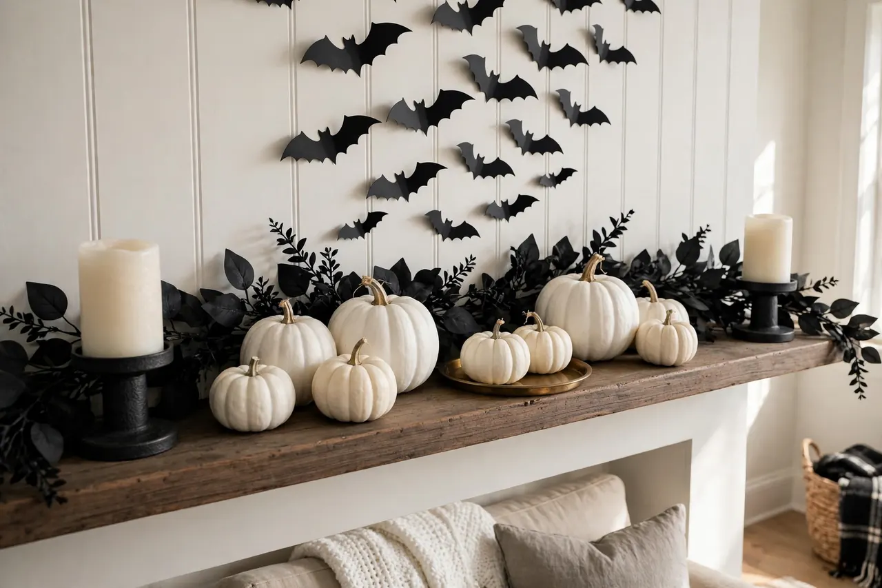 Elegant black-and-white Halloween mantel theme with white pumpkins, ivory candles, brass tray and paper bats