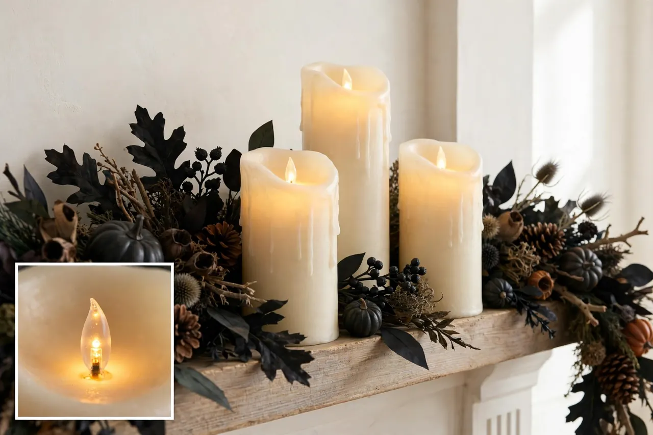 Glowing flameless pillar candles on a Halloween mantel with a close-up inset of a flameless candle tip