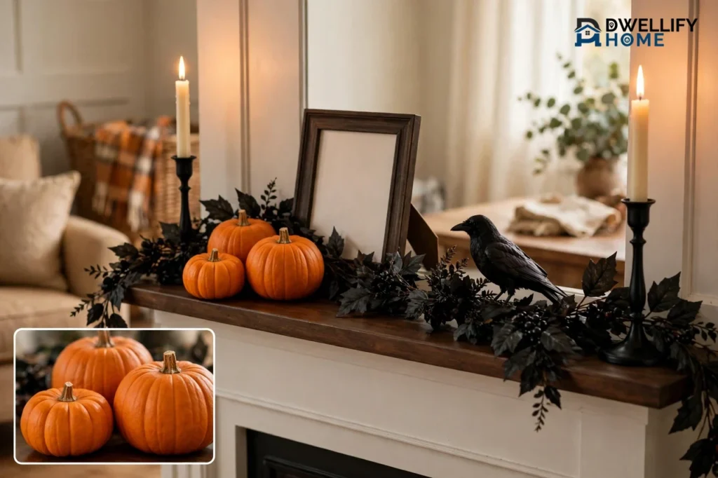 Halloween mantel decor with a black garland, lit candles, orange pumpkins and a black crow on a styled fireplace shelf