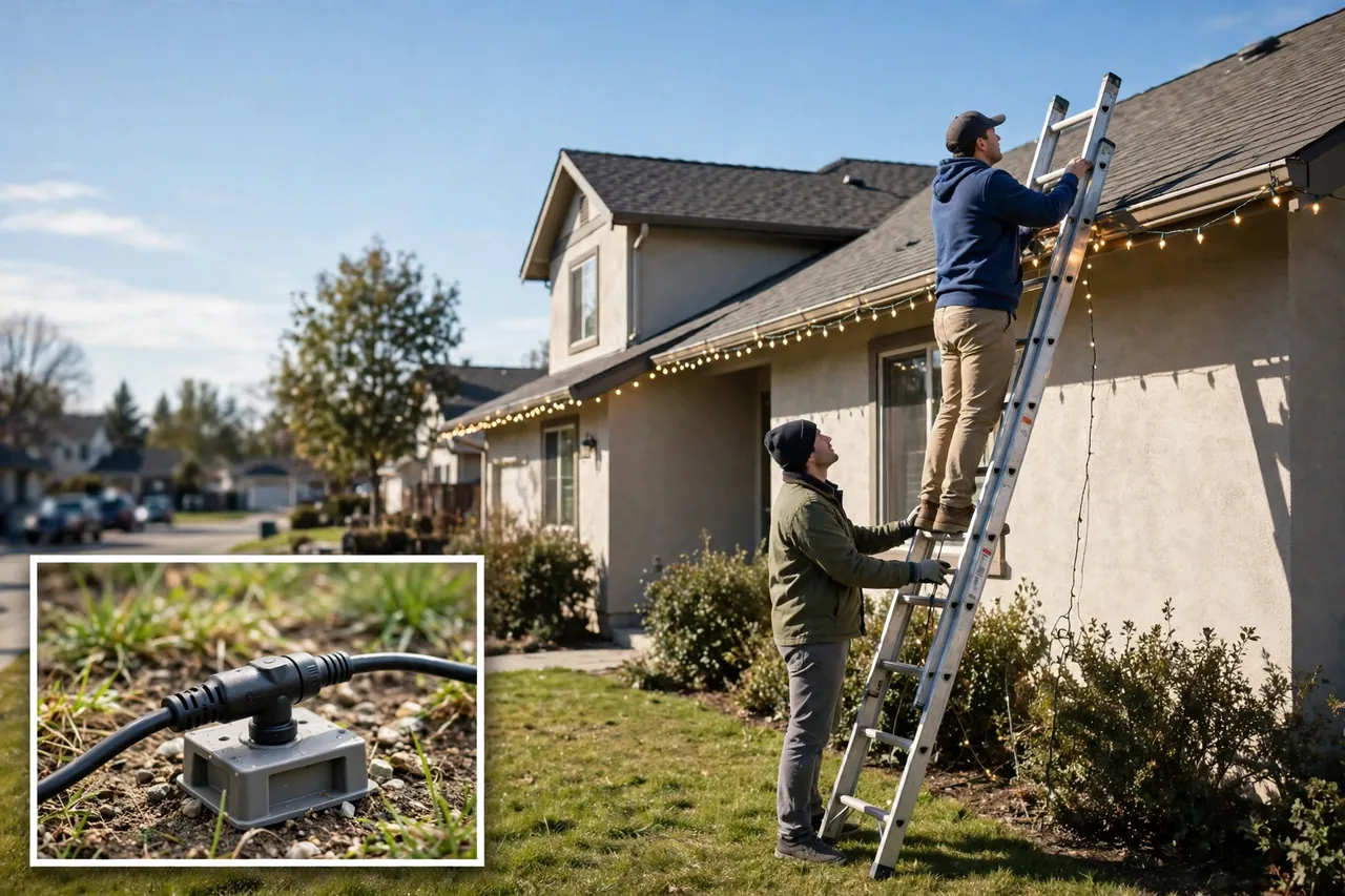 A person on a ladder hanging roofline lights in daylight while a second person steadies the ladder, with a close-up inset of an outdoor cord connection raised off the ground
