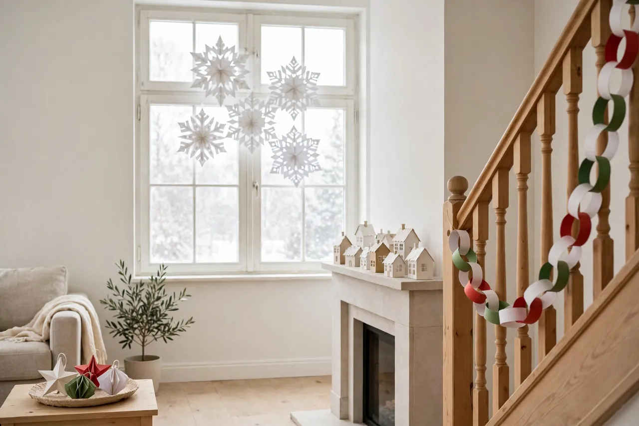 A bright living room showing paper decorations placed with space to breathe: snowflakes grouped on a window, a paper chain on the banister, a paper village on the mantel and paper stars on a tray