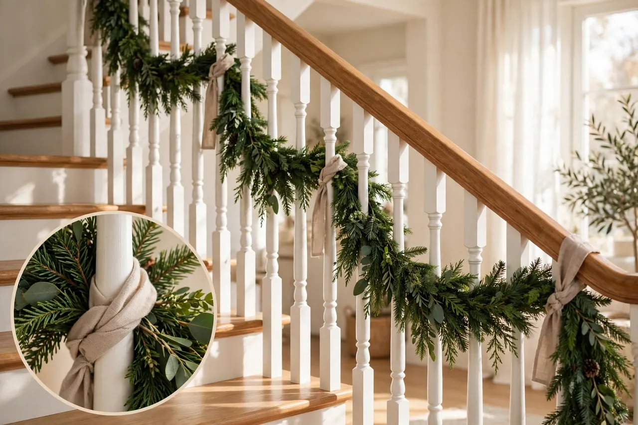 Evergreen garland hanging in gentle swags along a staircase banister, fastened with soft fabric ties at the balusters
