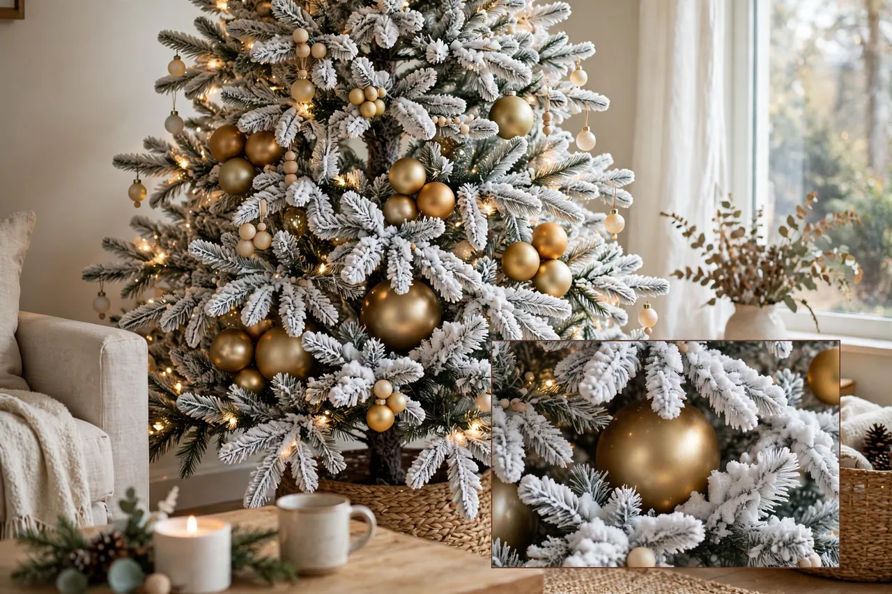 Flocked tree with gold ornaments grouped in clusters and white snowy branches still visible between them, with a magnified inset of a large gold ornament tucked deep among inner branches