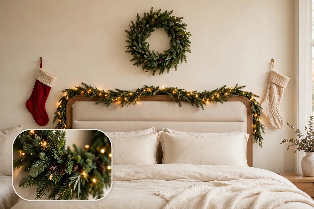 Headboard wall with an evergreen wreath above the bed, a lighted garland along the headboard, and two stockings hung on the wall beside the bed