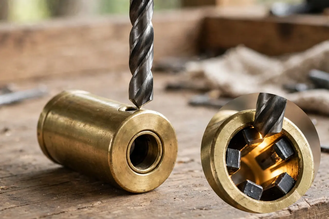 Drill bit touching a lock cylinder face with hardened steel inserts highlighted inside the plug