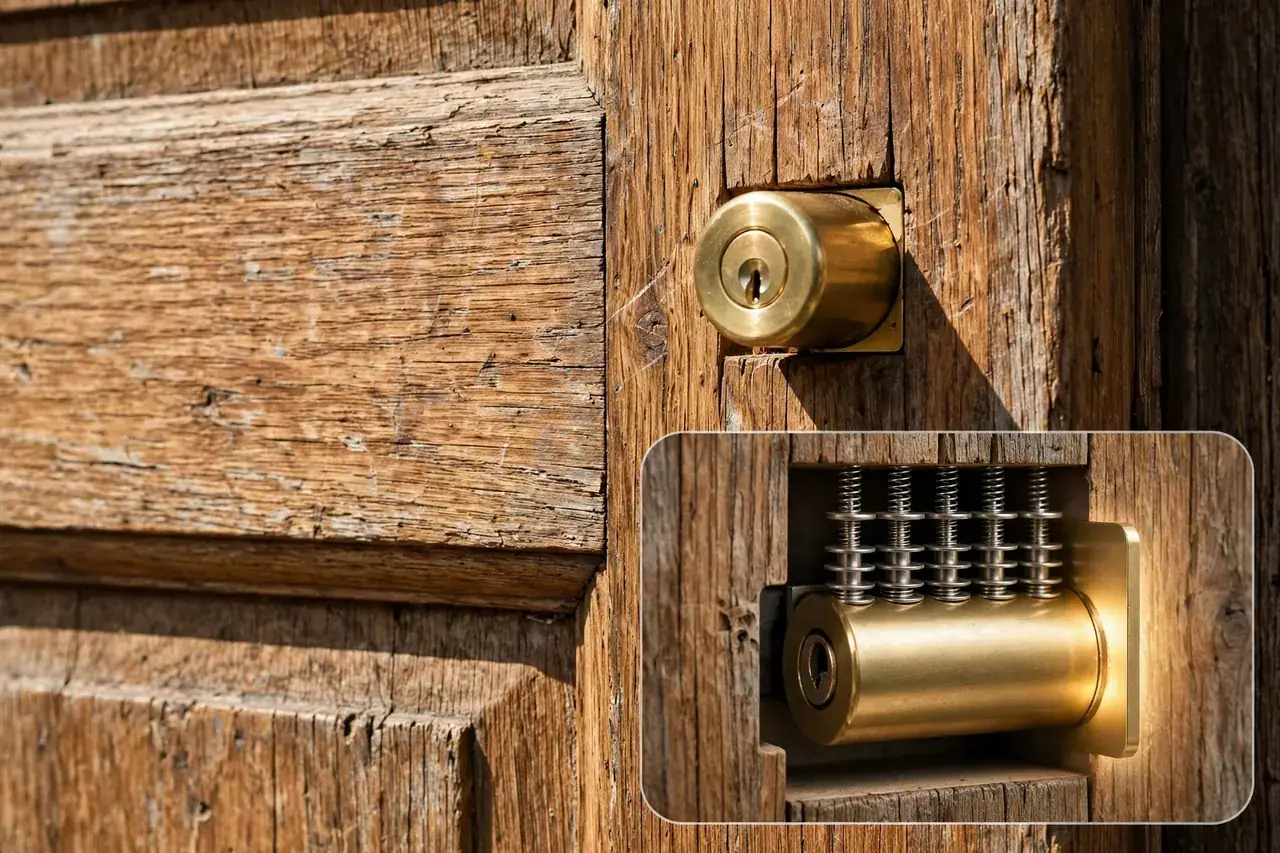 Cutaway of a high security cylinder showing spool pins and a sidebar against the plug