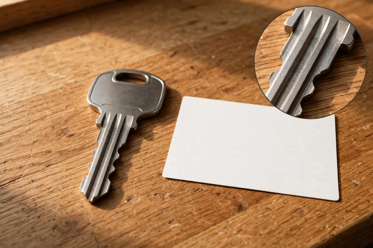 Restricted high security key with angled side milling beside a blank authorization card