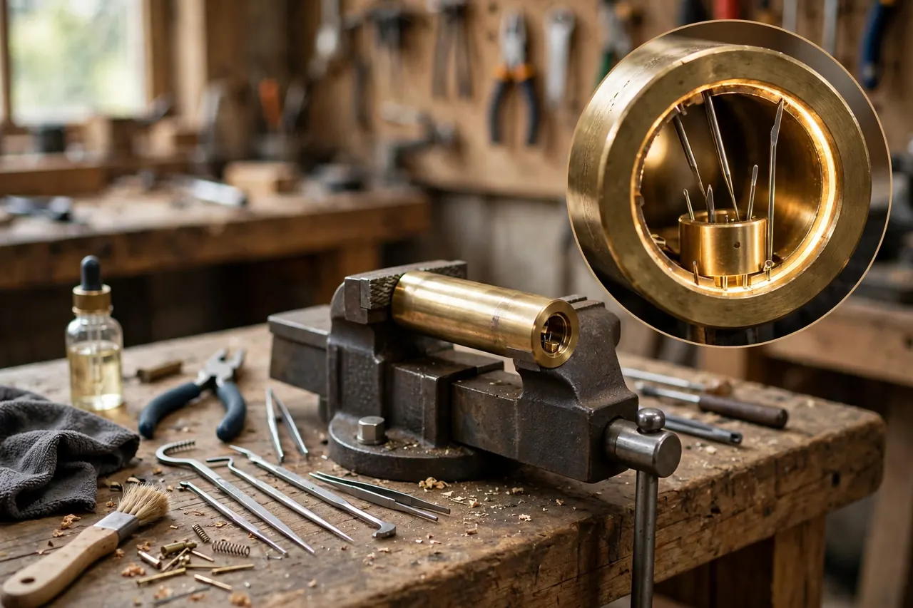 Lock cylinder held in a vise on a locksmith bench with pick tools engaging its pins