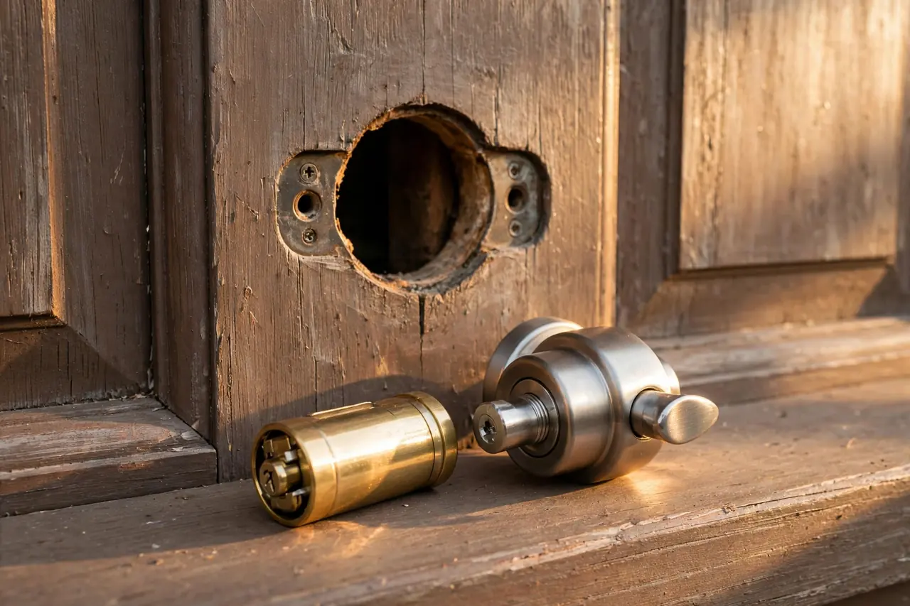 Replacement cylinder and a complete new deadbolt side by side on a door with its lockset partly removed