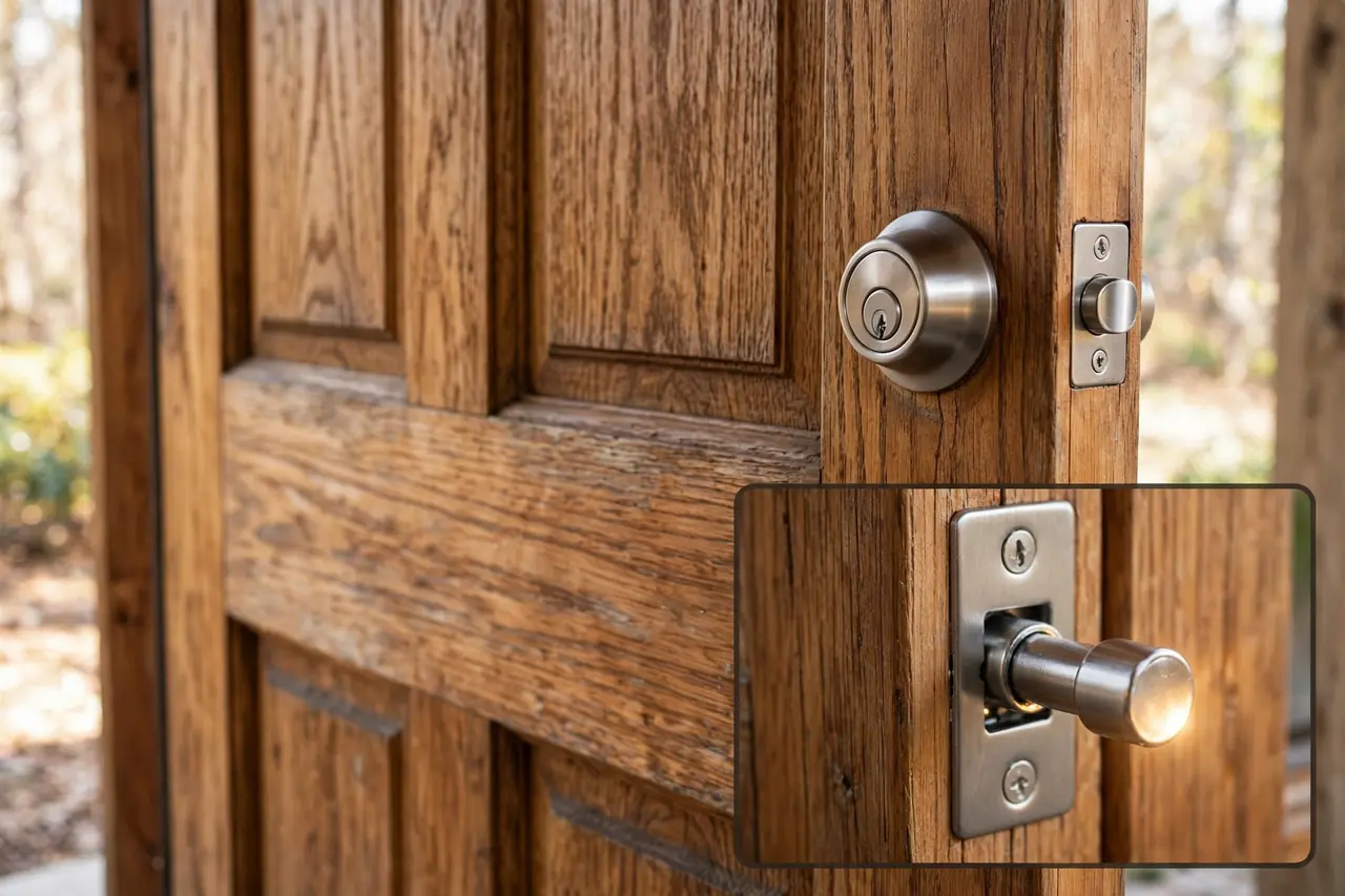 Deadbolt on a wooden door with a magnified inset of the bolt extending fully into a box strike