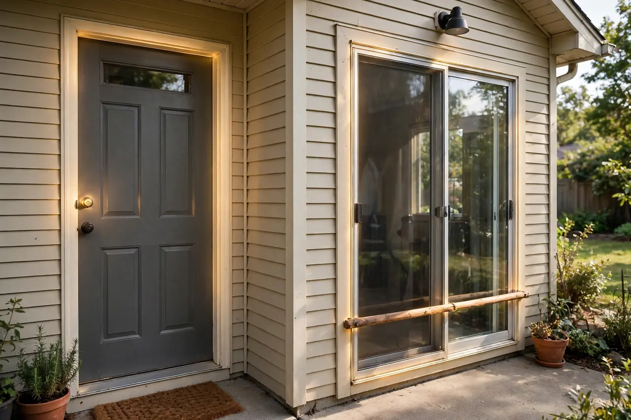 Back door with a deadbolt and a sliding glass door with a security bar in its track