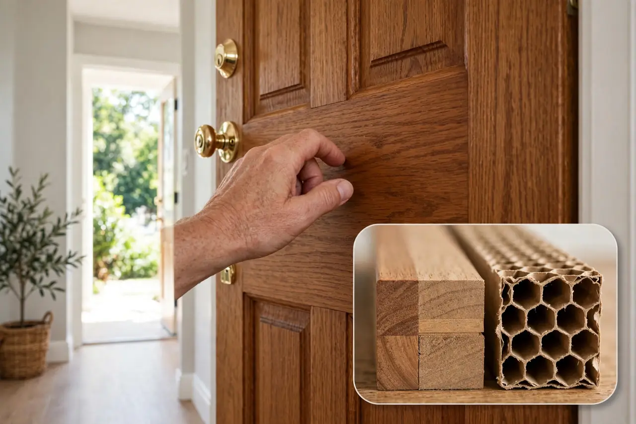 Hand knocking on a solid wood entry door with an inset comparing solid and hollow door cores