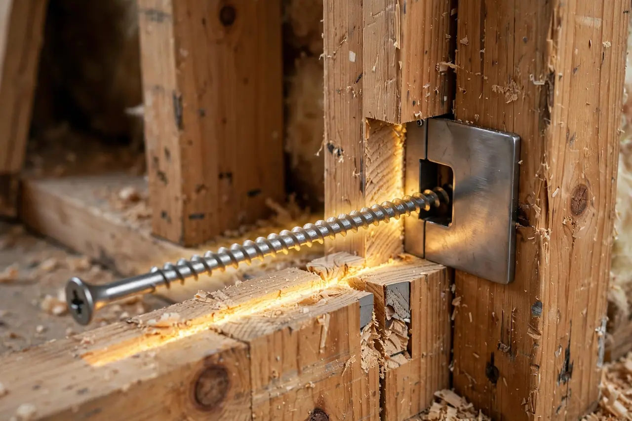 Heavy-duty strike plate on a door jamb with a cutaway showing a long screw anchored into the wall stud