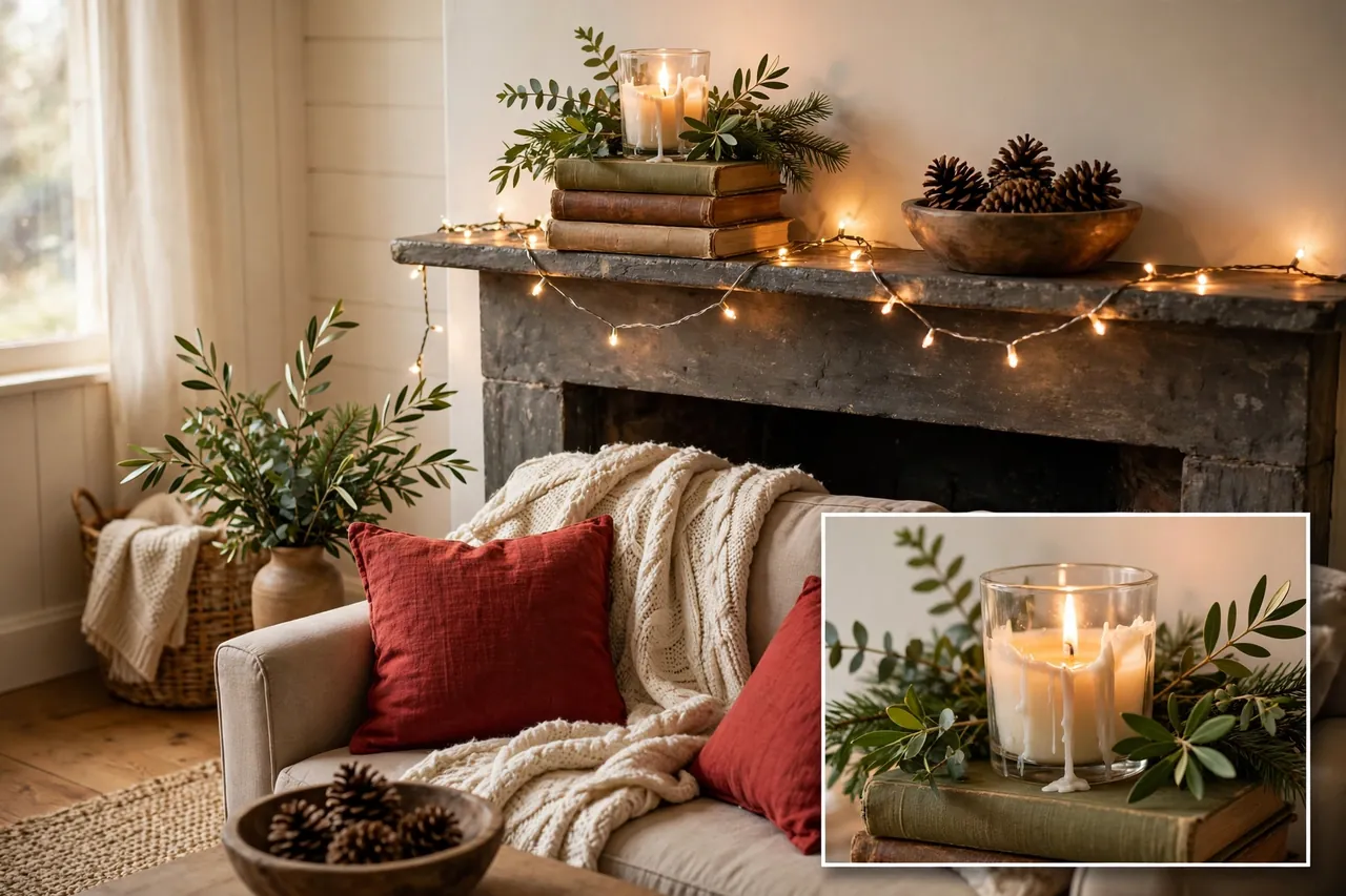 A cozy living room decorated on a budget with warm string lights on the mantel, books topped with a candle, greenery in a vase, pinecones in a wooden bowl and red pillow covers on the sofa