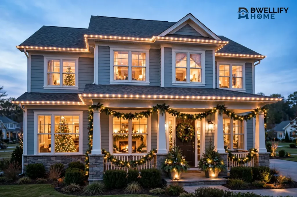 A fully decorated home glowing at dusk with warm string lights on the roofline and porch, a lit wreath on the front door, garland on the porch rail, and warm light in every window showing decorated trees inside