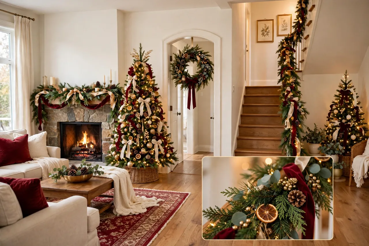 A living room, stairway and quiet corner decorated in one red, cream and gold palette with a tree, fireplace garland, door wreath and garland on the stair rail