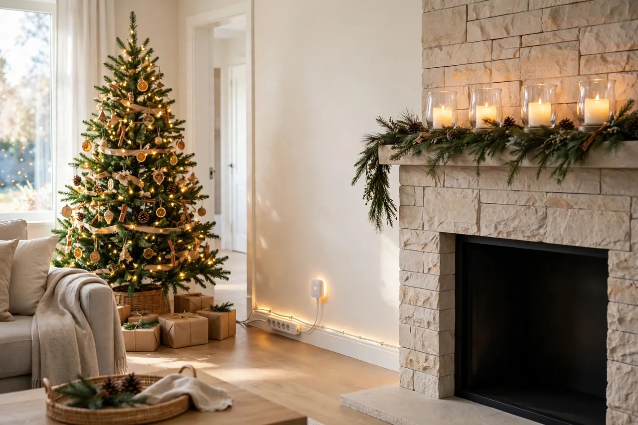 A safely decorated living room with the Christmas tree well away from the fireplace, a glowing plug-in timer and a neatly routed cord along the baseboard out of the walkway