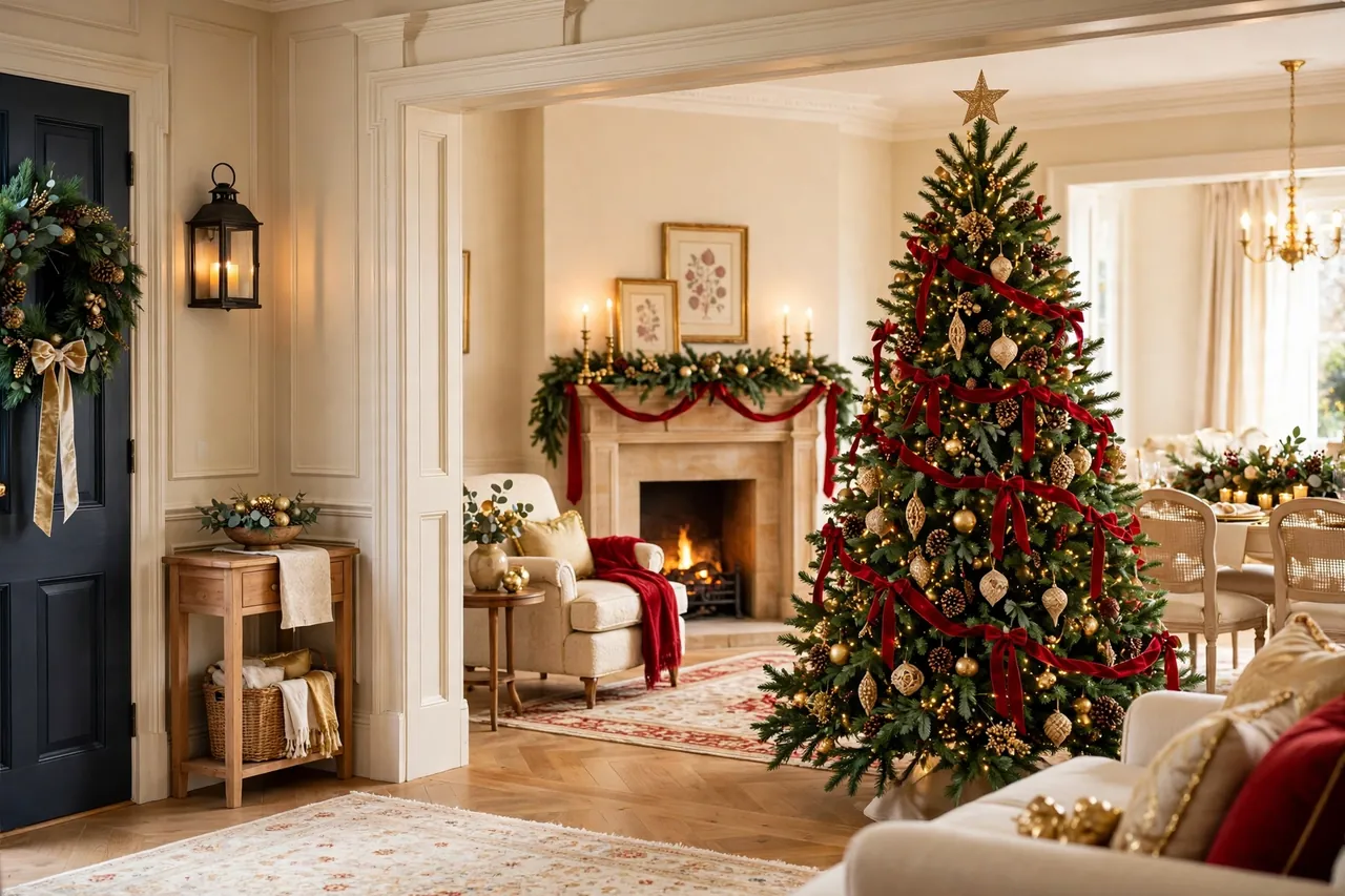 An entry with a wreath and lit lantern opening into a living room with a large decorated tree and fireplace, with a dressed dining table visible beyond