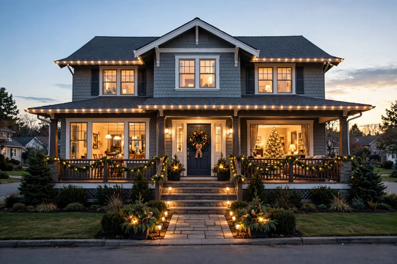 A whole home decorated for Christmas at dusk seen from the street, with warm lights on the roofline and porch, a wreath on the front door and glowing windows showing the tree and dining room inside