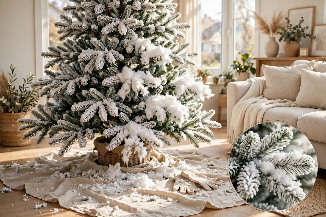 Undecorated flocked tree with soft snowy layers over an old sheet catching fallen flocking, gloves resting on the sheet, and a magnified inset of separated snowy branch tips