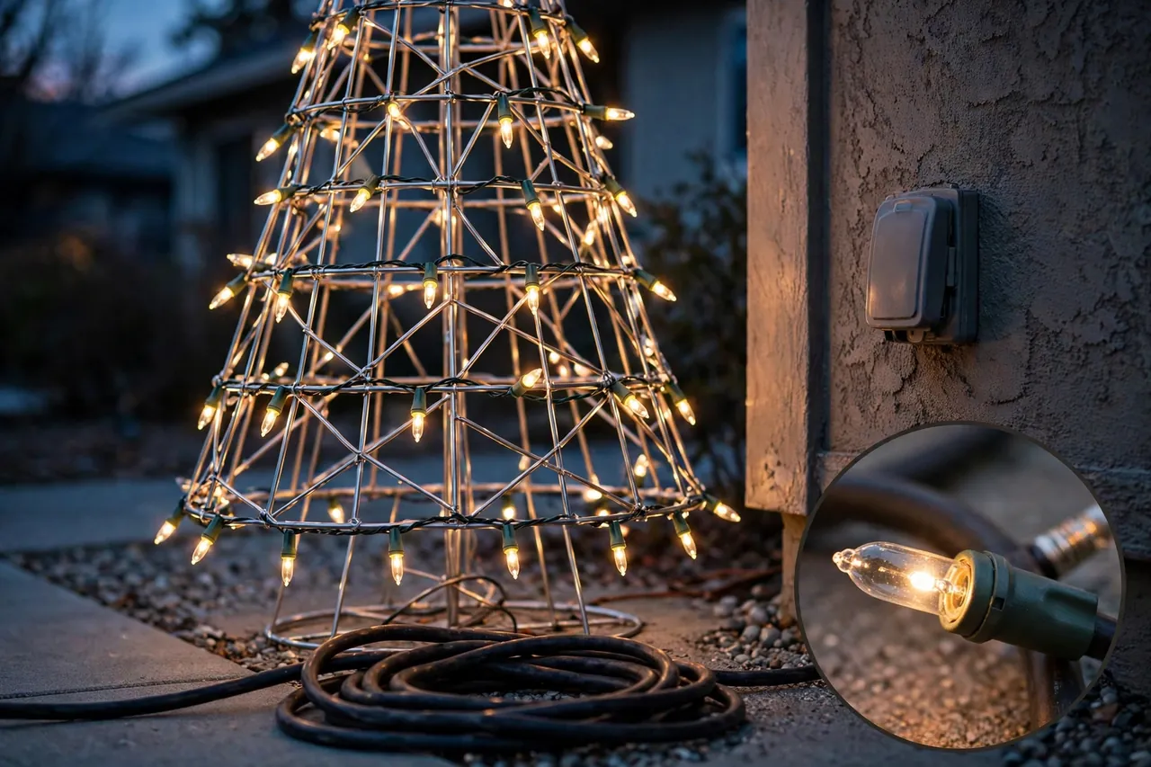 A steel wire-frame Christmas tree wrapped in outdoor string lights beside a covered outdoor outlet, with a close-up inset of an intact light bulb and socket