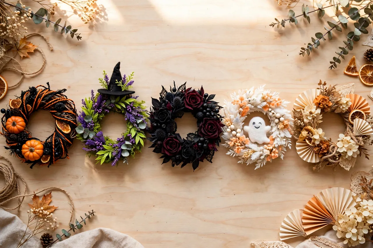 Five mini Halloween wreaths in different themes - classic, witchy, gothic, cute ghost and vintage - laid out on a craft table