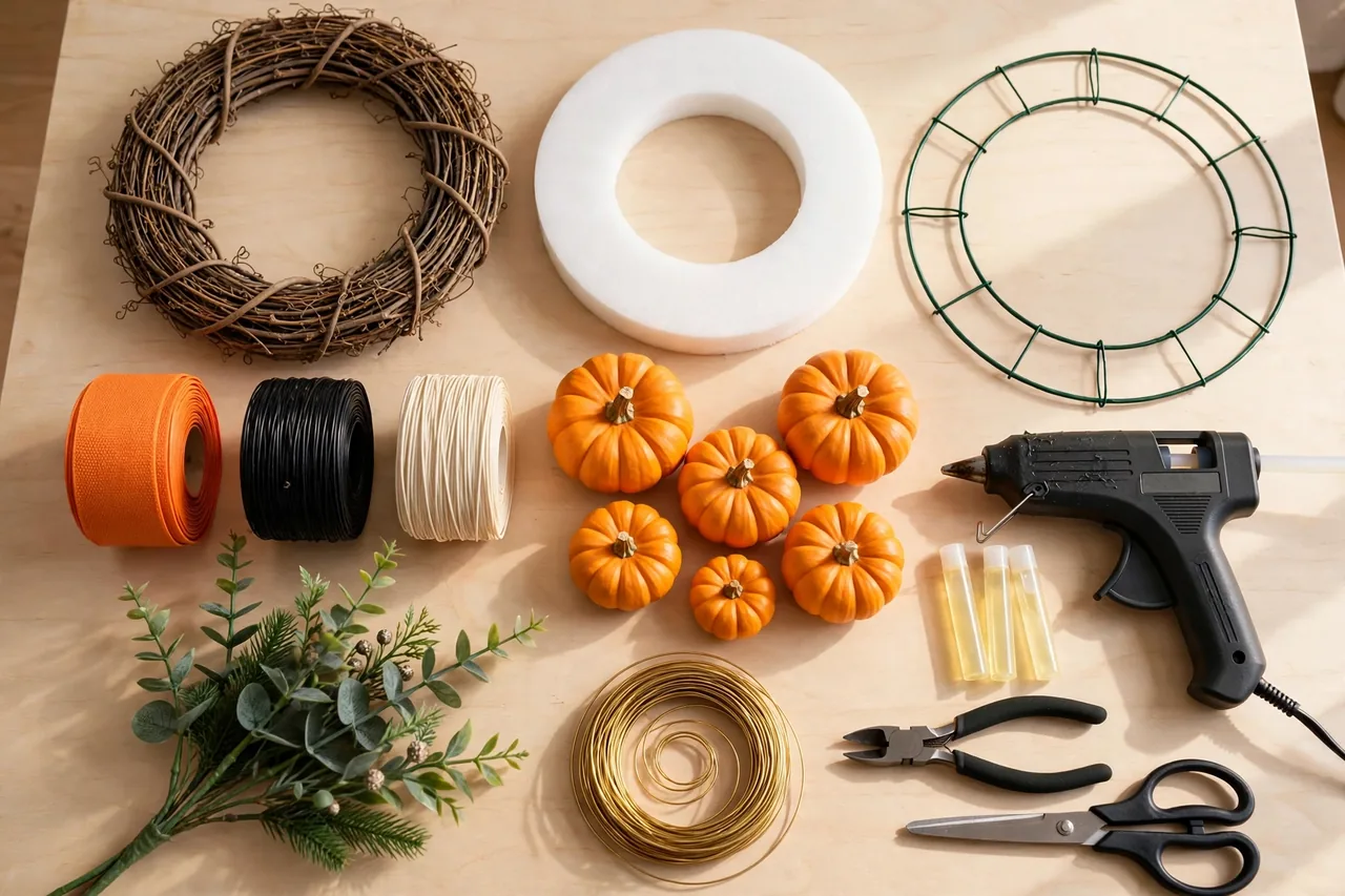 Halloween wreath supplies flat lay: grapevine, foam and wire bases, ribbon rolls, mini pumpkins, greenery, glue gun, wire cutters, scissors and floral wire