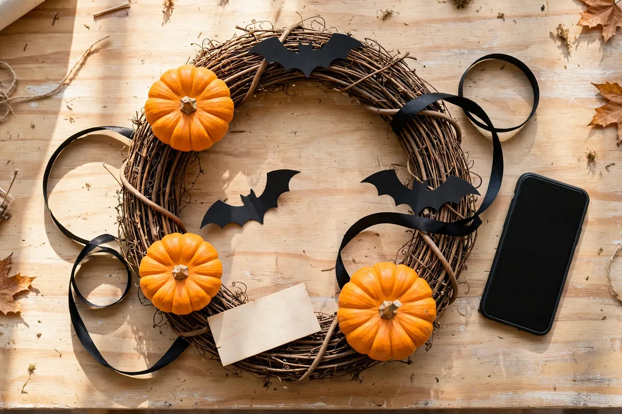 Halloween decorations dry-fitted on a bare grapevine wreath base with a phone beside it as a design map