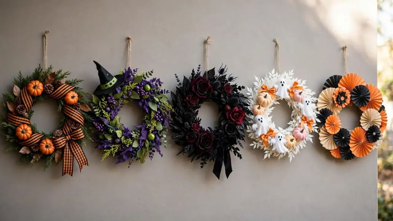 Five finished Halloween wreaths in a row showing each theme recipe: classic orange-and-black, witchy purple-and-green, gothic black-and-burgundy, cute ghosts, and vintage paper fans