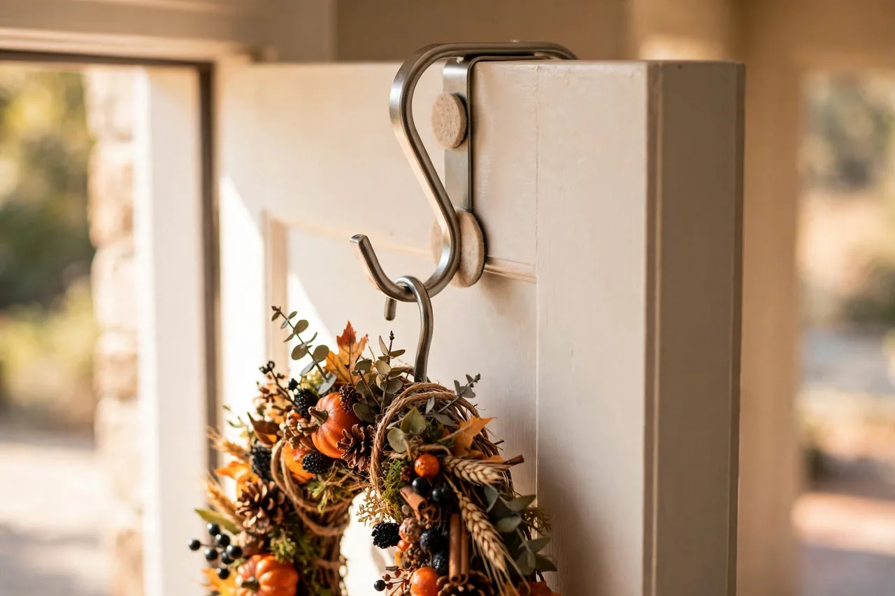 Over-the-door metal hanger with felt pads holding a Halloween wreath on a front door edge