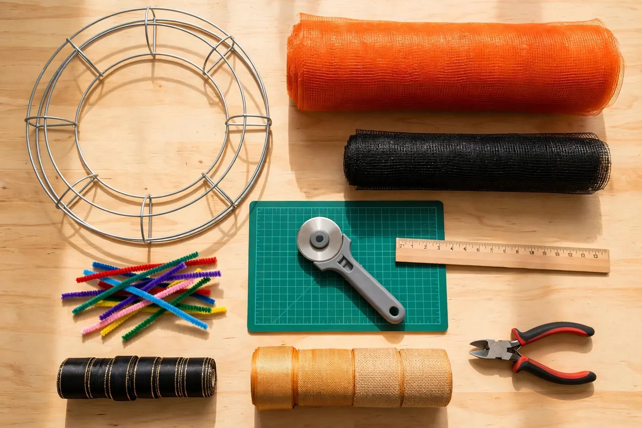 Flat lay of deco mesh wreath supplies: wire frame, orange and black mesh rolls, pipe cleaners, ribbon, rotary cutter and mat, ruler, wire cutters
