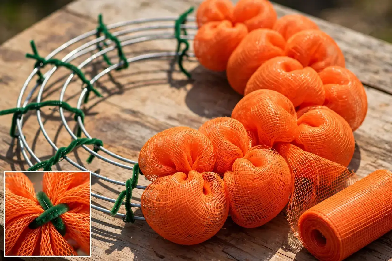 Poof method on a wire wreath frame with orange deco mesh gathered into pipe-cleaner ties, close-up inset of a tied poof