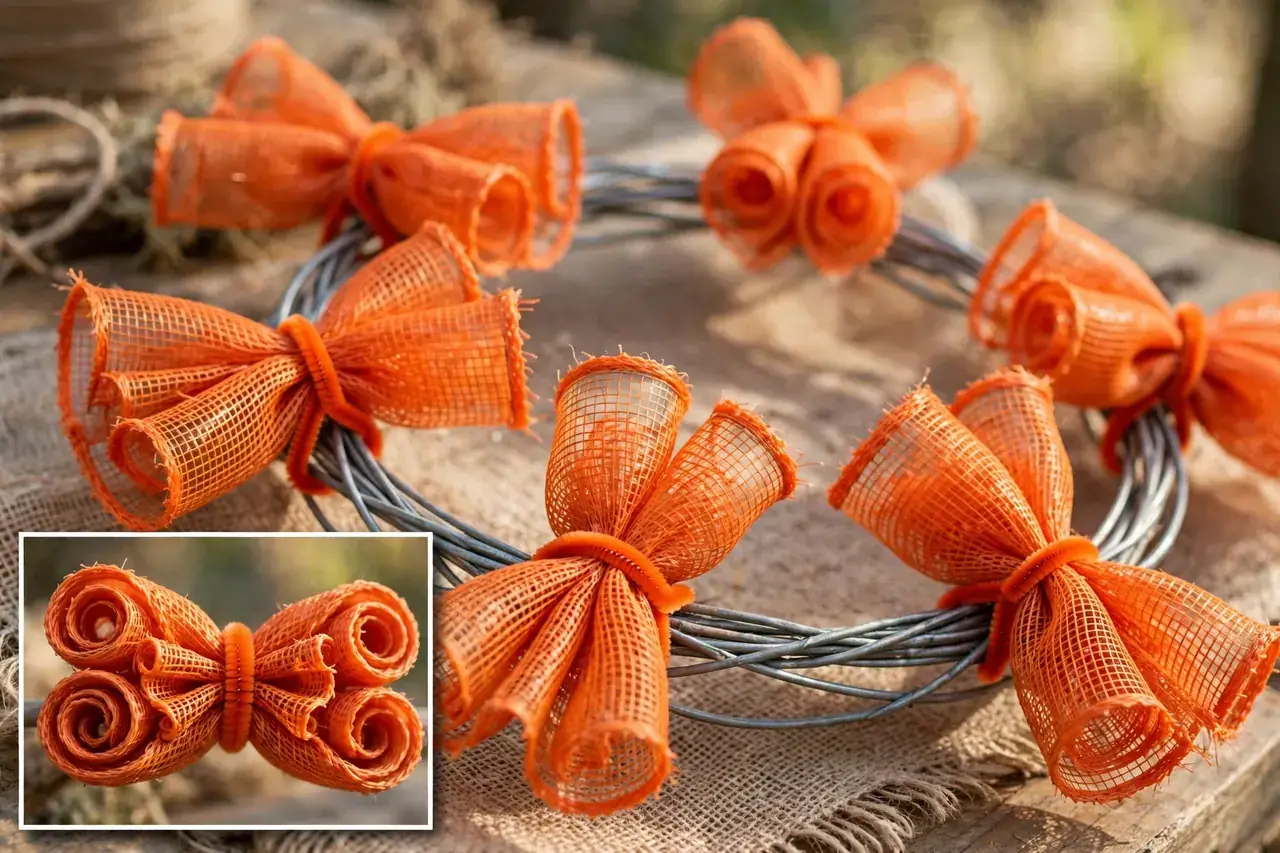 Cruffle method on a wreath frame with rolled mesh ends angled like wings, close-up inset of one cruffle